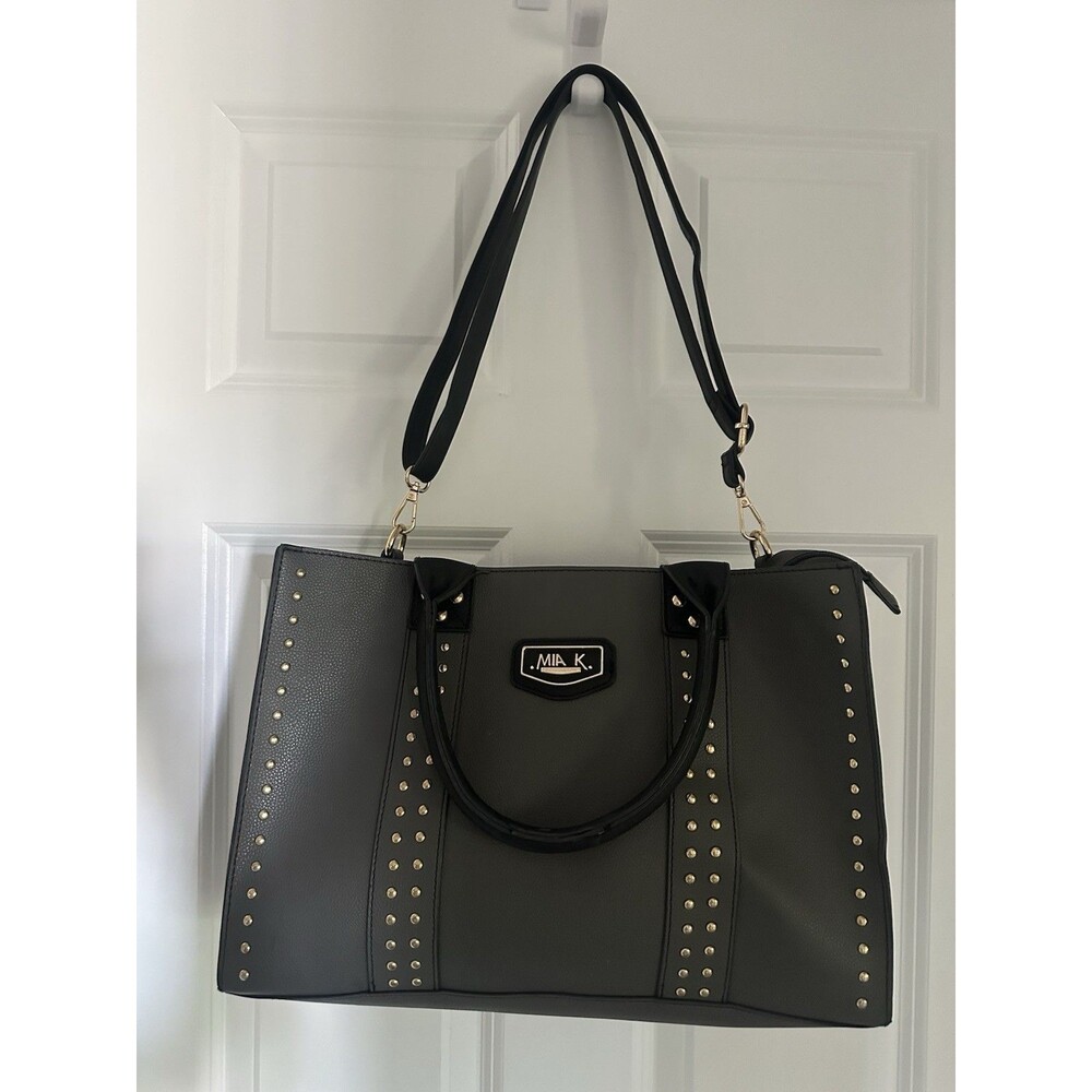 MKF Collection Davina Lrg Tote Gold Studded Handbag BLK Vegan Leather Crossover